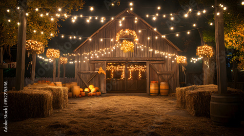 Rustic Barn Decorated with Fall Lights and Hayfalls