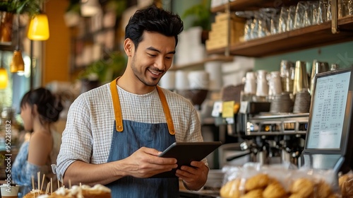 Young barista cafe owner multiracial male holding tablet taking coffee and bakery orders from female Asian customer creamcolored shirt front of cash register counter of small cafe smal : Generative AI