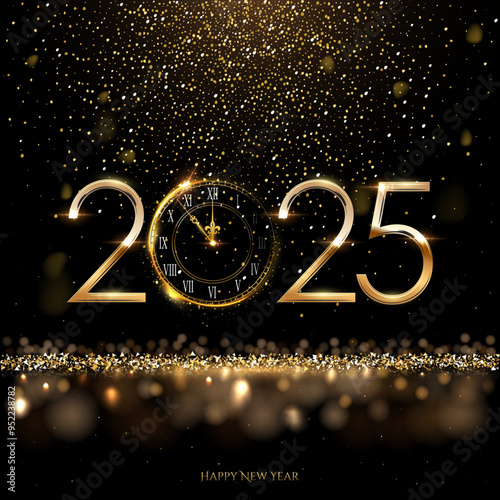 2025 Happy New Year clock countdown background. Gold glitter shining in light with sparkles abstract celebration. Greeting festive card vector illustration. Square holiday poster or wallpaper design.