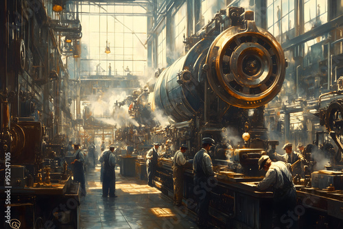 bustling vintage factory filled with workers operating large, intricate machinery. Steam rises in the industrial environment, with sunlight streaming through high windows, highlighting the intense, de