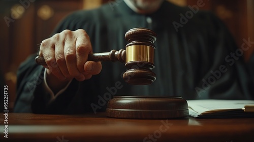 Justice Law Attorney and Court judge concept Man judge hand holding gavel to bang on sounding block in the court room Professional lawyer considering with contract papers in courtroom : Generative AI