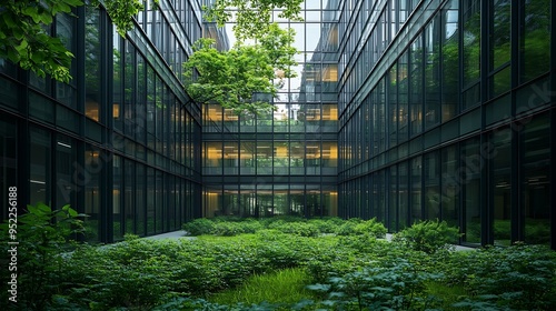 A green courtyard between the glass facades of an office building in Berlin : Generative AI