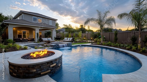 New home beautiful backyard with custom pool with fire pit : Generative AI