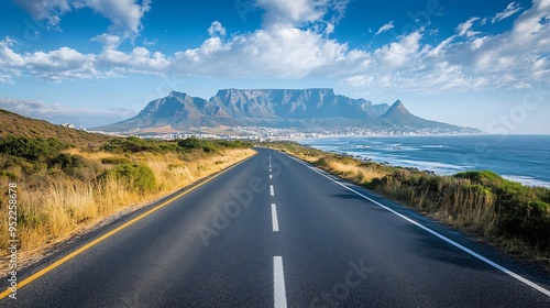 Coastal Road At Cape Town In Western Cape South Africa Table Mountain Landmark Freeway Road Cape Town At Western Cape South Africa Tourism Travel Road Trip Skyline : Generative AI