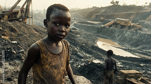 A young child laborer in a cobalt mine in congo, surrounded by industrial machinery and a barren landscape, highlighting the harsh realities of child labor.