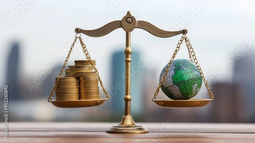 Balancing Scale with Coins and Globe, Symbolizing Economic Uncertainty, Global Economy, Wealth Distribution, Financial Balance, and Sustainable Development