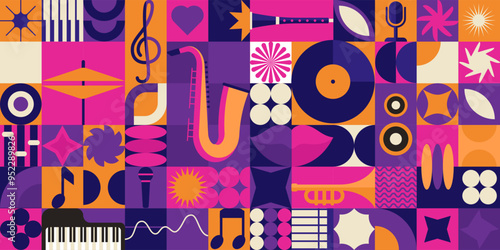 Pattern abstract music. Background banner. Vintage art poster retro, star, circle geometric, pop art. Microphone, guitar and saxophone. Party invitation. Modern vector Bauhaus geometric illustration