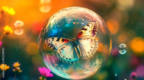 a fairy-tale butterfly stuck in a colorful bubble