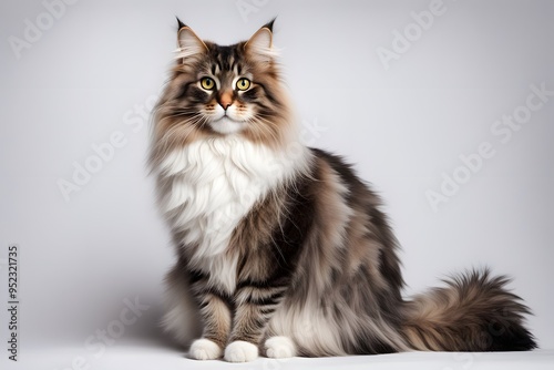 A beautiful Norwegian forest cat with a thick fur coat and bushy tail sitting proudly on a white background, Ai Generated