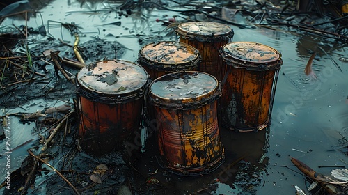 Five rusty, wooden barrels sit submerged in muddy water, reflecting the cloudy sky above.