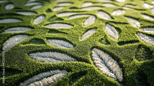 A close-up of artificial turf with a decorative pattern, showcasing the versatility and aesthetic appeal of the material