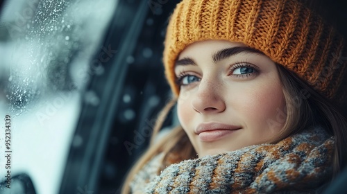 Woman in warm clothes looking out of car window : Generative AI