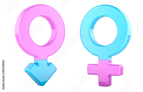 Gender transitions, concept. Female to male, male to female transition surgery. 3D rendering isolated on transparent background