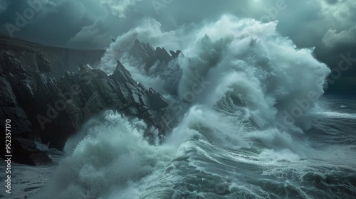 Dramatic storm scene with giant waves crashing against rugged coastal rocks in turbulent sea