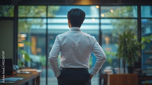 Rear view Asian business man being frustrated standing in office hopelessly : Generative AI