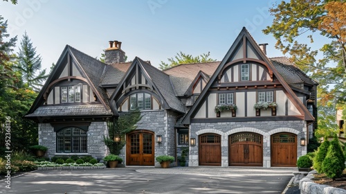 Charming tudor style family home with gable roof and timber framing, featuring wooden garage doors