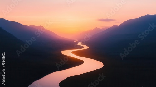 Majestic mountain landscape with a winding river, taken during golden hour