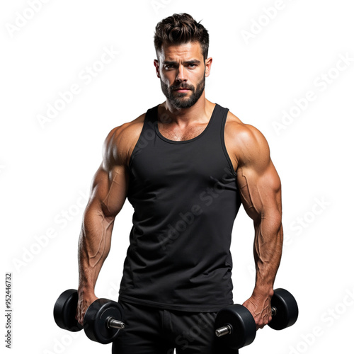 Muscular man in a black tank top lifting dumbbells on a transparent background