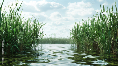 Peaceful wetland scene with tall green grass lining the water on a sunny day with a bright blue sky and scattered clouds.