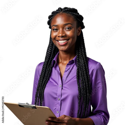 Smiling woman in a purple shirt holding a clipboard on a transparent background