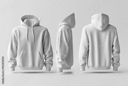 Three white hoodies are shown in a row, with the hoods up