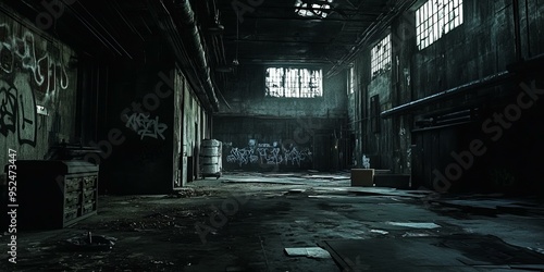 Dark, abandoned industrial building with graffiti.