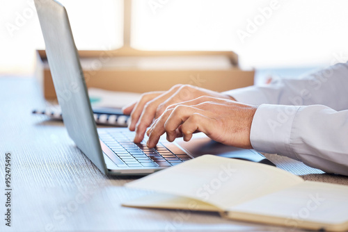 Business, hands and man with laptop, typing and notebook with email, feedback for project and review. Person, network and risk consultant with pc, research for compliance policy, pc and internet