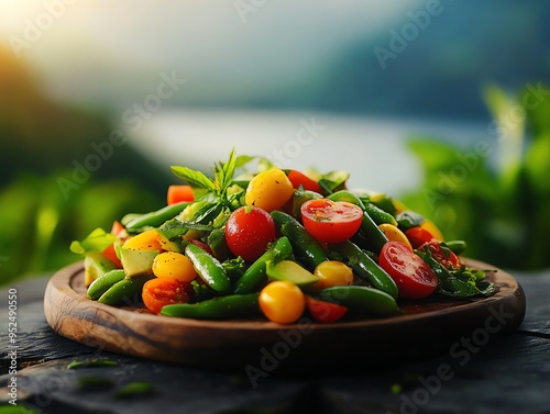 A fresh salad of Burundian green beans, tomatoes, and avocado, arranged on a handcarved wooden plate, with Lake Tanganyika s calm waters in the background