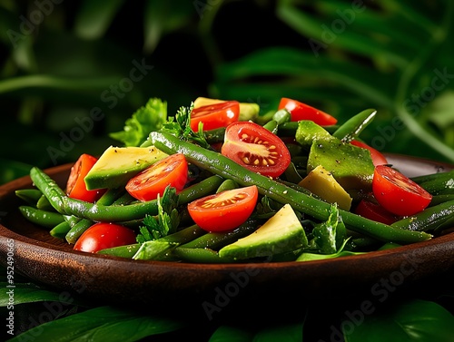 A fresh salad of Burundian green beans, tomatoes, and avocado, arranged on a handcarved wooden plate, with Lake Tanganyika s calm waters in the background