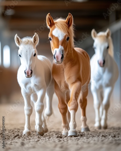 Three adorable young horses trotting together in a barn, showcasing their playful spirit and beautiful coats.