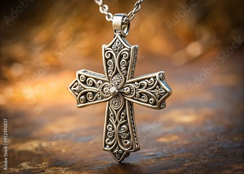 A beautifully crafted silver Baptismal cross adorned with intricate engravings and ornaments, suspended from a delicate chain, symbolizing faith and spiritual rebirth.