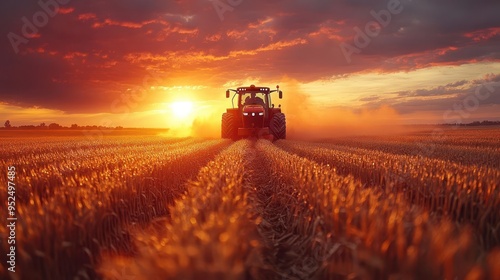 golden hour harvest scene tractor silhouette dustfilled air vibrant sky dynamic composition rural panorama