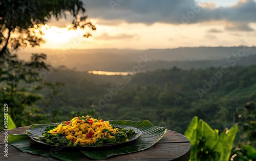 Organic Jamaican ackee and saltfish, served with callaloo on a banana leaf, with a view of a lush Caribbean coastline