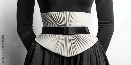 White pleated corset with black belt on black dress.