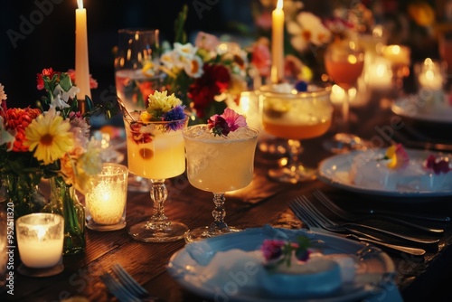 A beautifully set table with colorful cocktails and flowers. The warm glow of candles creates a cozy atmosphere. Perfect for gatherings or celebrations. Generative AI.