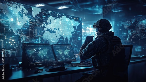 Tactical operations in a modern war room, featuring a soldier coordinating with digital maps and advanced technology