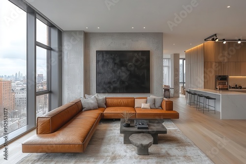 sophisticated living room with rich brown leather sofa minimalist decor and striking oversized black artwork neutral walls and carefully curated elements create a contemporary refined atmosphere