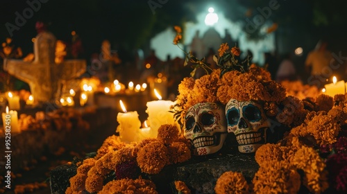 A traditional Mexican Dia de los Muertos celebration with marigold flowers colorful sugar skulls and families honoring loved ones in a candlelit graveyard