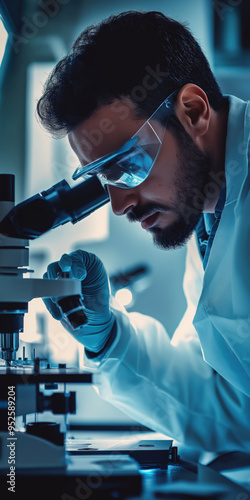 Focused Scientist Conducting Research with Microscope in Modern Laboratory