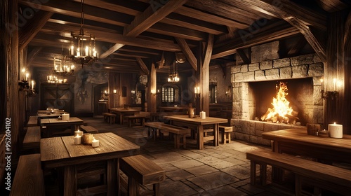 Warm medieval tavern featuring wooden tables candlelight and a roaring fireplace Cozy with rich wood tones soft flickering light realistic 3D rendering