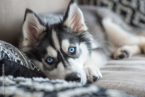 a husky dog laying on a couch with a blanket