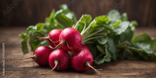 A bunch of ripe radishes on a wooden background Vegetarianism Spring harvest.