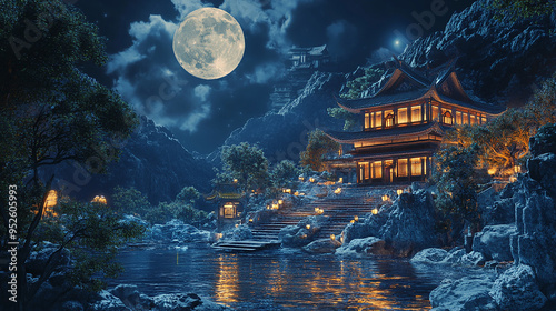 Night Fantasy Landscape with Moonlight and Oriental Art