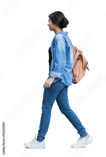 Full length portrait of a young woman walking isolated transparent PNG, student girl full body photo PNG with transparent background precisely cut out with clipping path.