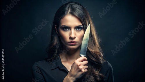 A cautious female figure stands with her back against a dark wall, gripping a sharp kitchen knife concealed behind her, exuding a sense of secrecy and unease.