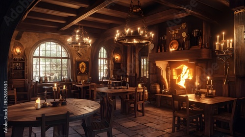 Warm medieval tavern with wooden tables and a roaring fireplace Candle-light setting Cozy with rich wood tones and soft flickering light detailed 3D rendering