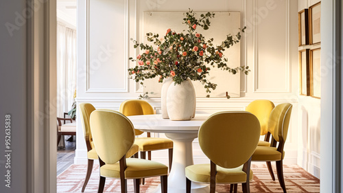 Modern cottage dining room decor, interior design and country house furniture, home decor, table and yellow chairs, English countryside style interiors