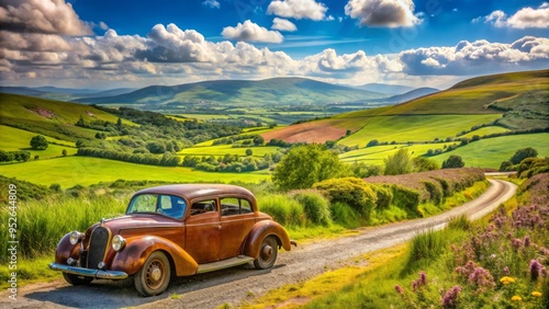 A rusty vintage car parked on a winding rural road surrounded by lush green hills and wildflowers in the Irish countryside on a sunny day.