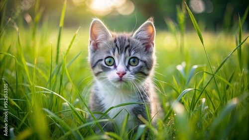 Adorable curious little grey and white kitten with bright green eyes explores and plays in a lush green meadow filled with tall blades of grass.