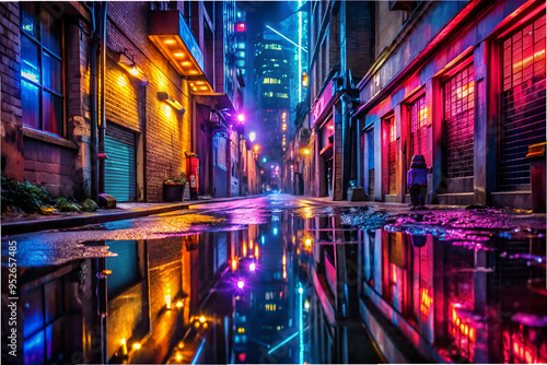 A neon city street with a reflection of the lights in the water. Scene is vibrant and energetic